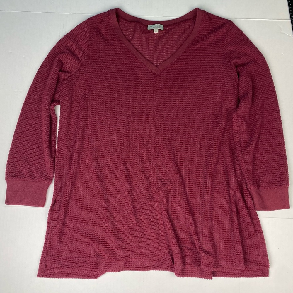 Chenault Women 2X Shirt Maroon Red Tunic Waffle Knit Lighweight Semi Sheer